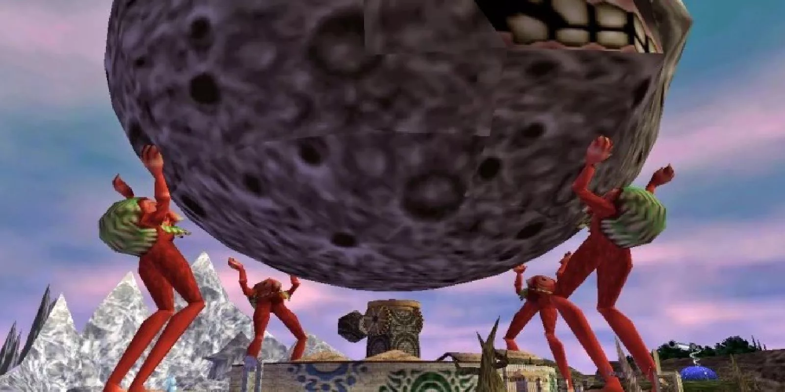 Los cuatro gigantes sostienen la luna en The Legend of Zelda: Majora’s Mask.