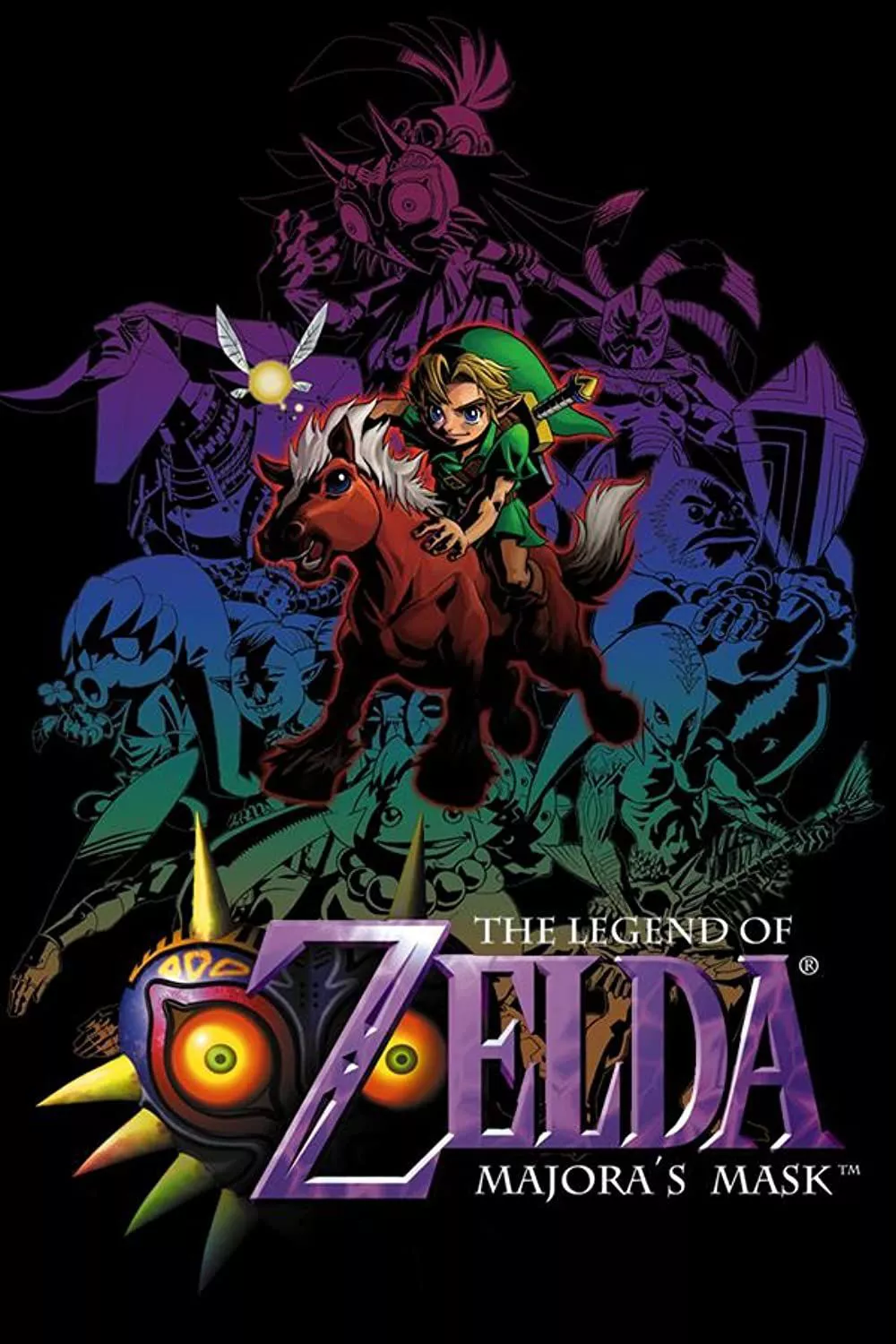 La carátula de The Legend of Zelda: Majora's Mask presenta a Link montando a caballo mientras otros personajes del juego están detrás de él en sombras estilizadas de púrpura, azul, verde, amarillo y naranja.