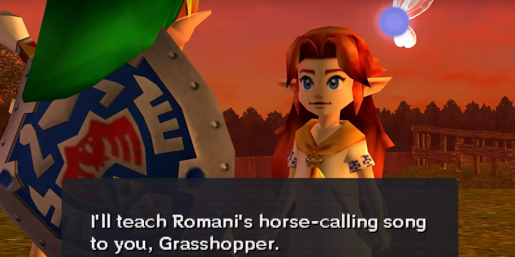 Romani enseña a Link la Canción de Epona en The Legend of Zelda: Majora's Mask 3D.