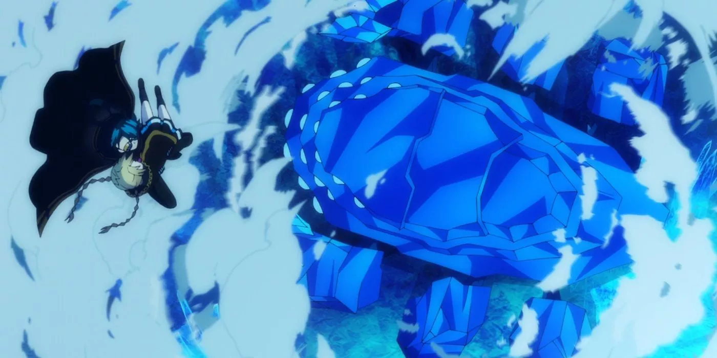 Will and Iris jumping over a Frost Rex floor boss in Wistoria: Wand and Sword.