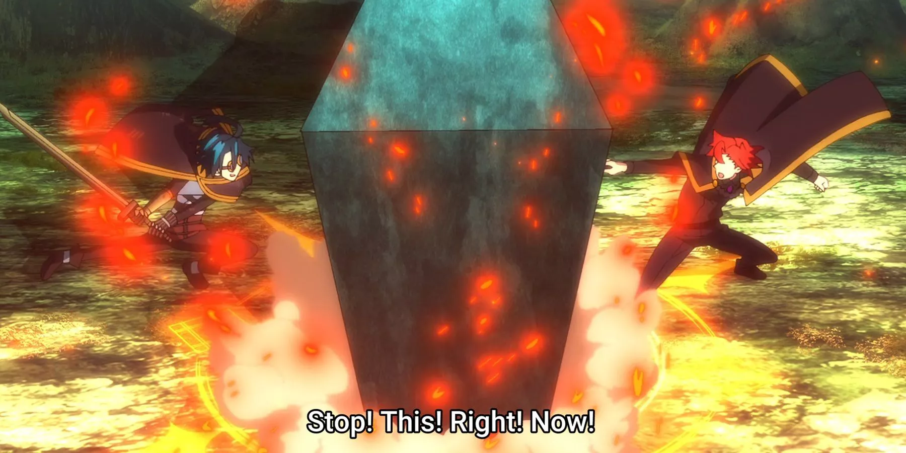 A stone block stopping Will and Sion's battle in Wistoria: Wand and Sword.