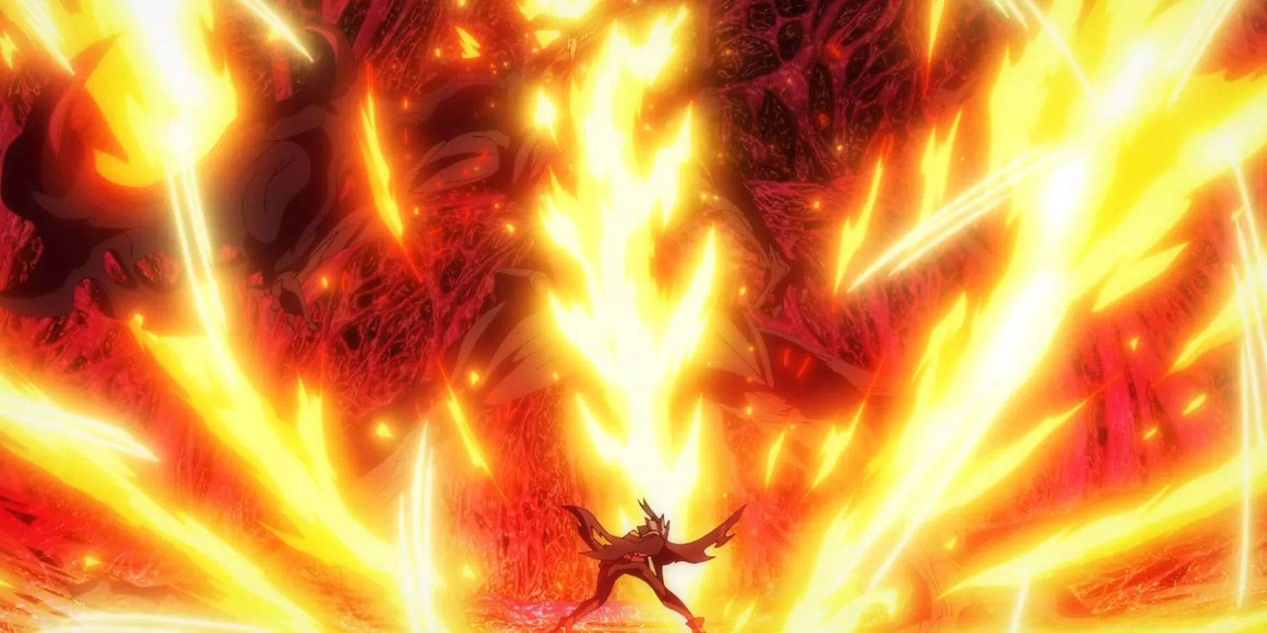 Will Serfort cutting through Grand Duke with a flaming sword in Wistoria: Wand and Sword.