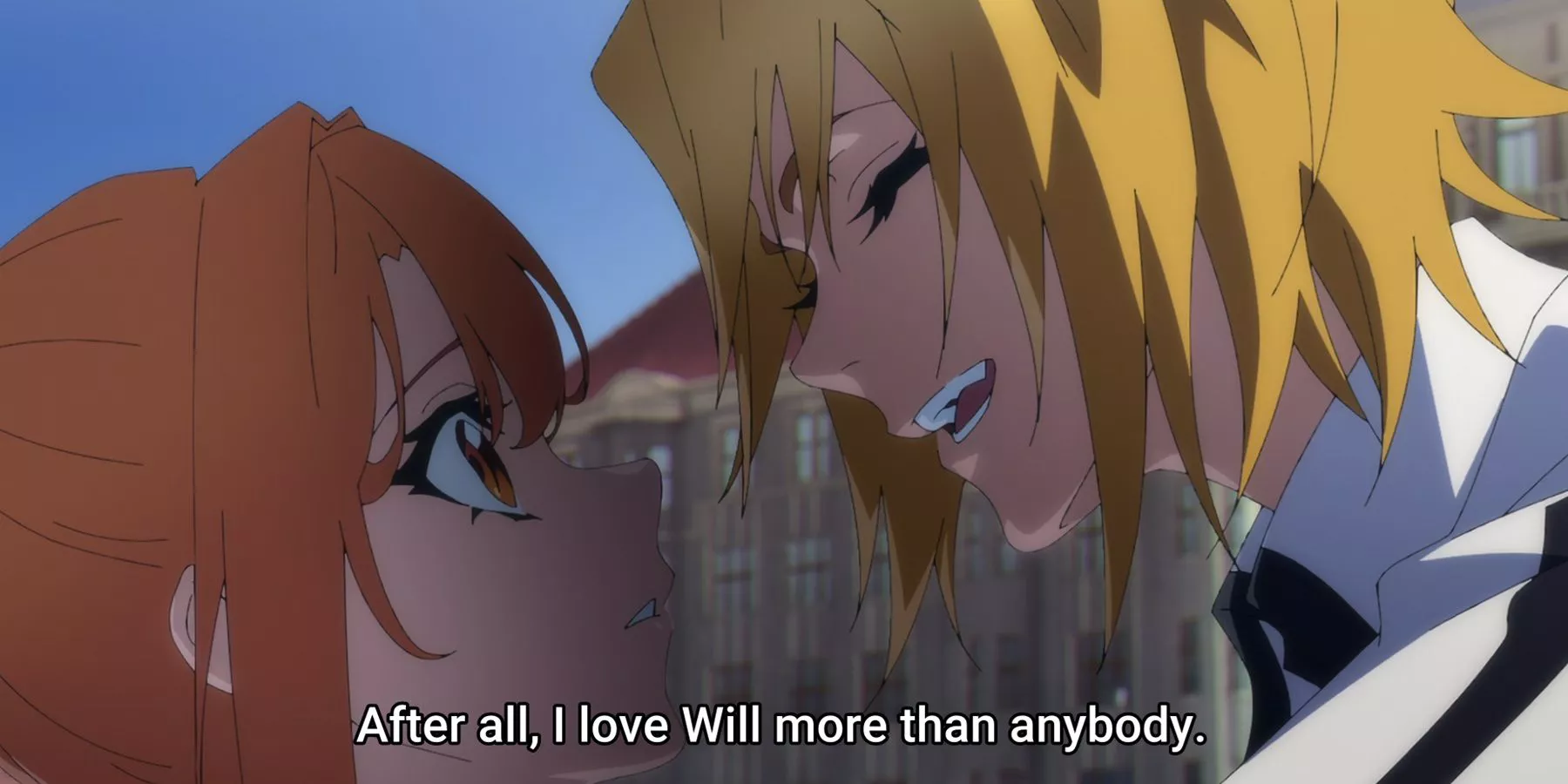 Will's roommate Rosti confronting Colette in Wistoria: Wand and Sword.