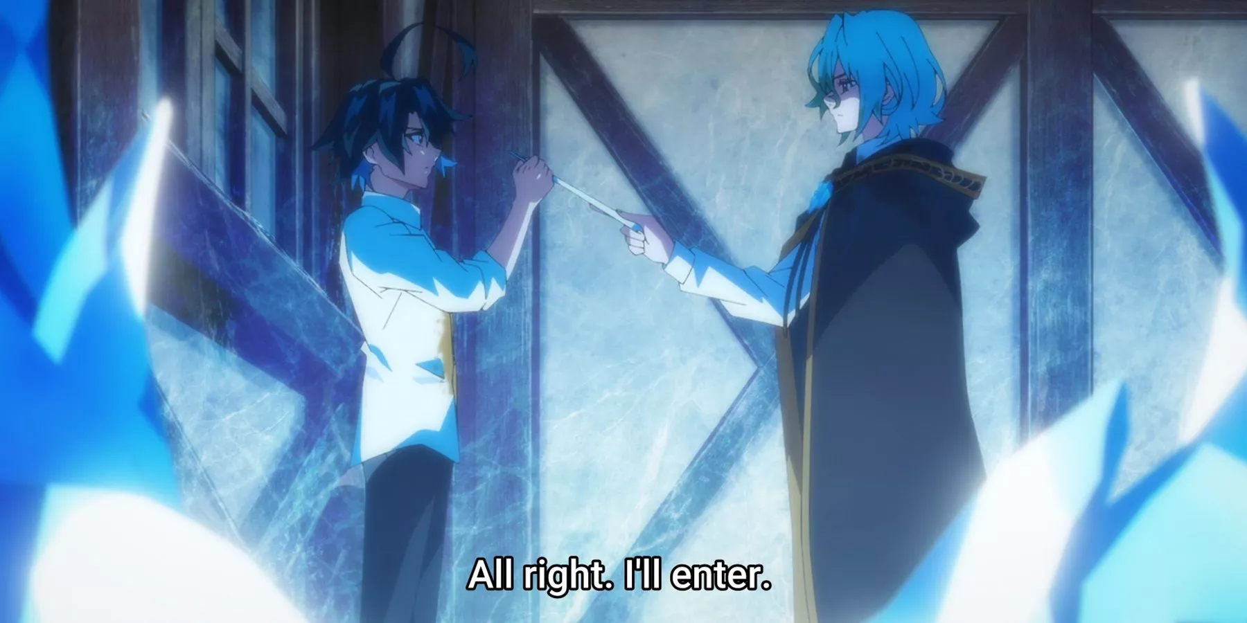 Will Serfort holding Julius Reinberg's wand in Wistoria: Wand and Sword.