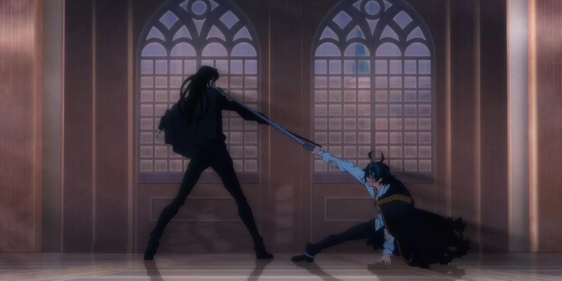 Will Serfort holding his blade up to Edward Serfience in Wistoria: Blade and Sword.