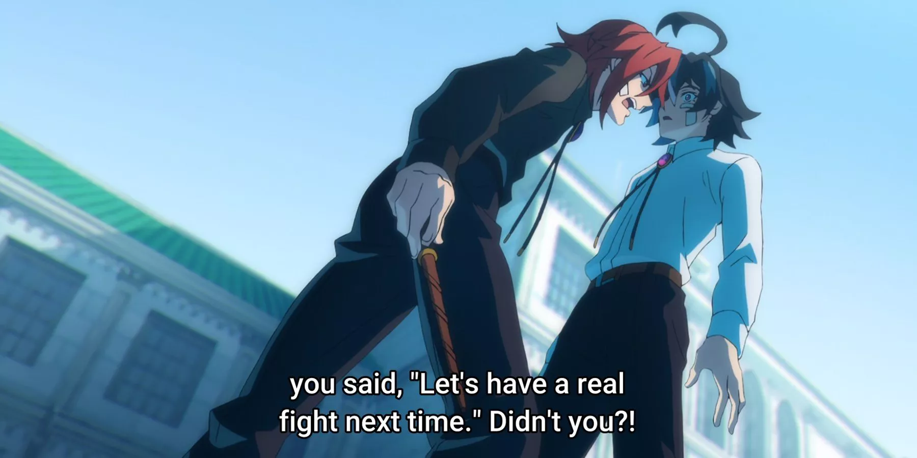 Sion getting in Will's face, demanding another match with him in Wistoria: Wand and Sword.