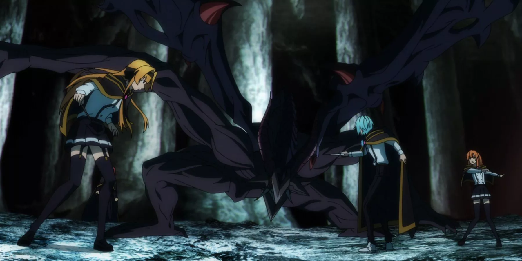 Lihanna, Julius, and Colette being attacked by the Grand Duke in Wistoria: Wand and Sword.