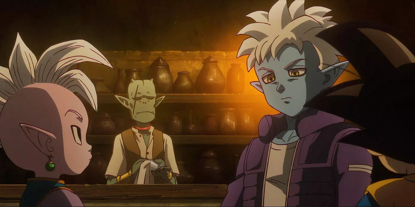 Shin y Glorio en un bar demoníaco en Dragon Ball DAIMA Episodio 3.