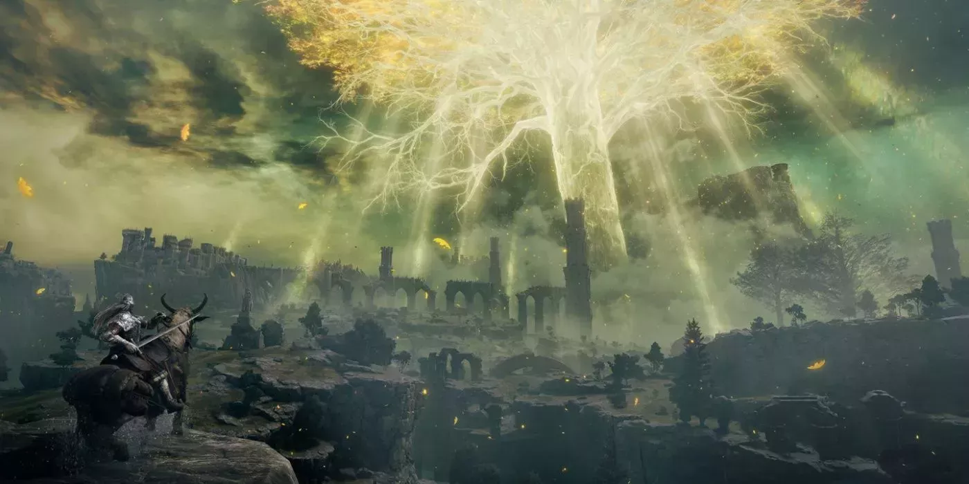 Elden Ring gameplay still featuring the Tarnished riding Torrent and looking upon the Lands Between.