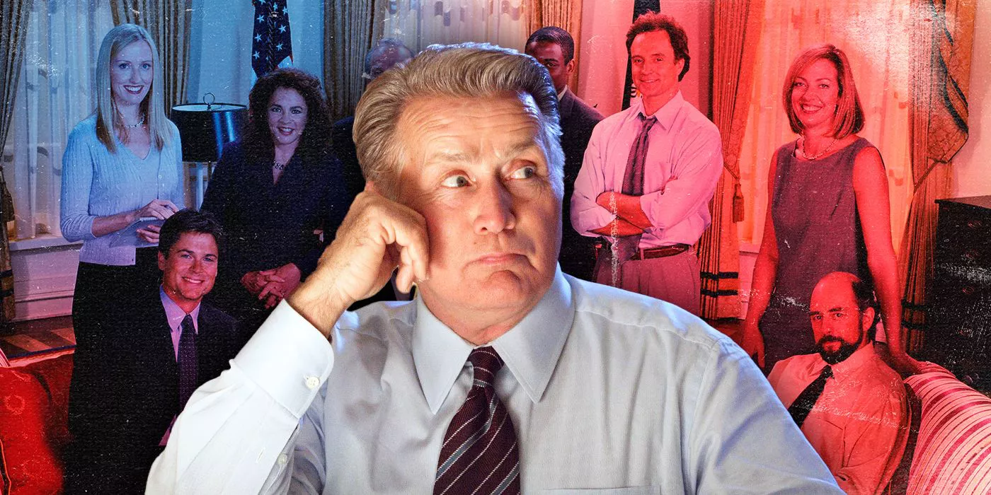 El presidente Bartlet, interpretado por Martin Sheen, frente a una imagen del elenco de The West Wing