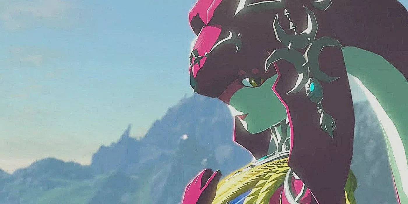 Zelda Breath of the Wild Mipha smiling with mountains in background