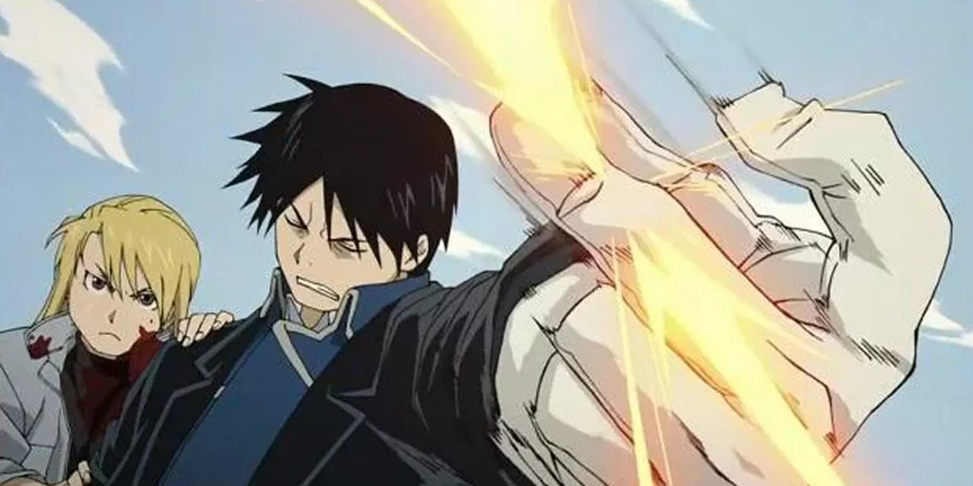 Riza y Roy atacando en Fullmetal Alchemist: Brotherhood