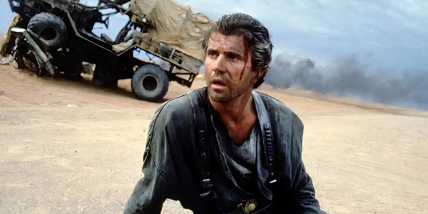 Mel Gibson as Mad Max watching the innocents he saved fly away just second after crashing a vehicle into the bad guys in Mad Max Beyond Thunderdome.