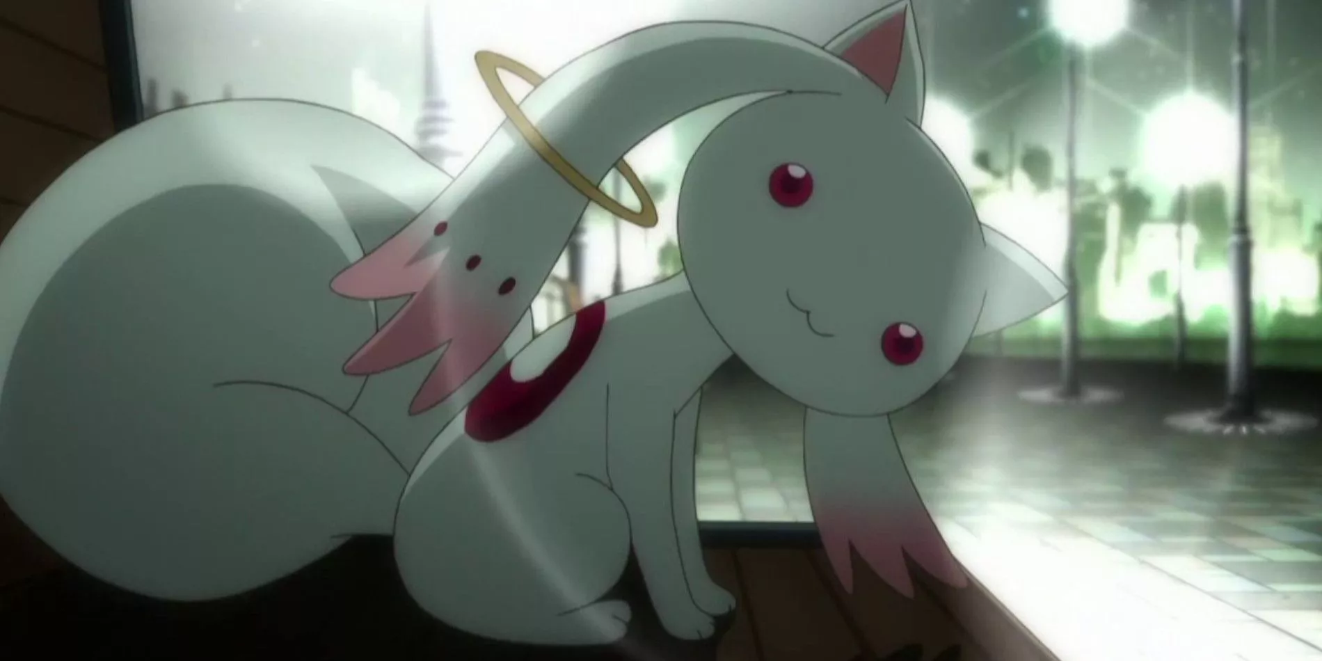Kyubey de Puella Magi Madoka Magica mira al espectador.