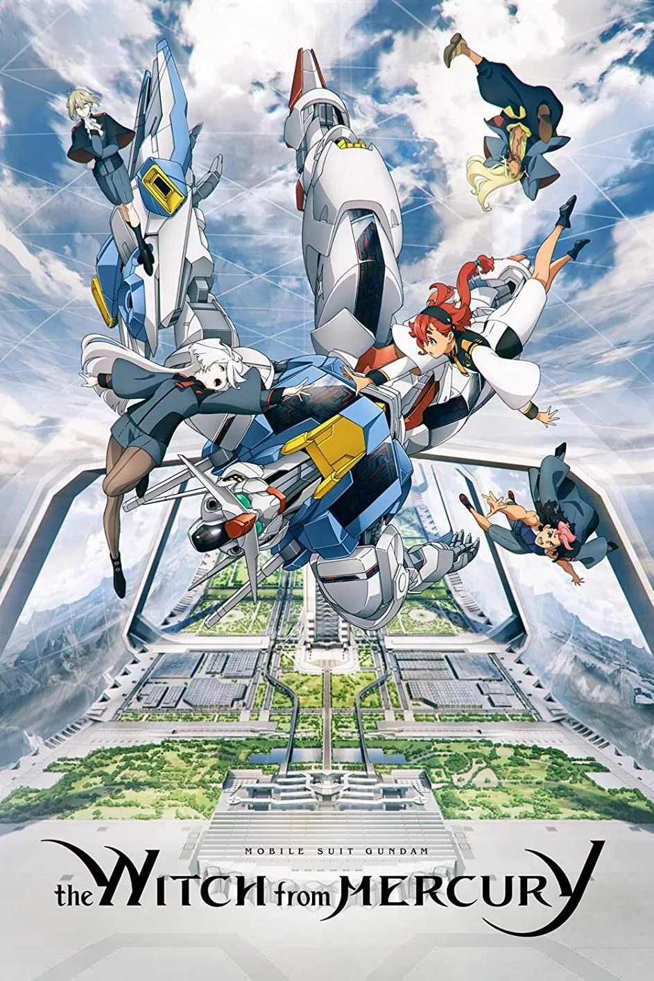 Suletta, Miorine y el resto de los personajes cayendo con un mecha en el póster de Gundam Witch from Mercury