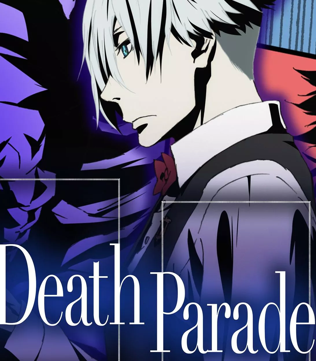 La portada de Death Parade representa el perfil de Decim mirando sombrío.