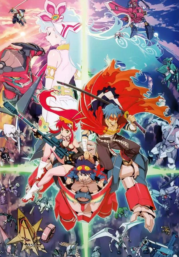 La portada de Gurren Lagann muestra a los personajes del programa, como Yoko Littner, Kamina y Simon, saltando hacia adelante desde el centro.