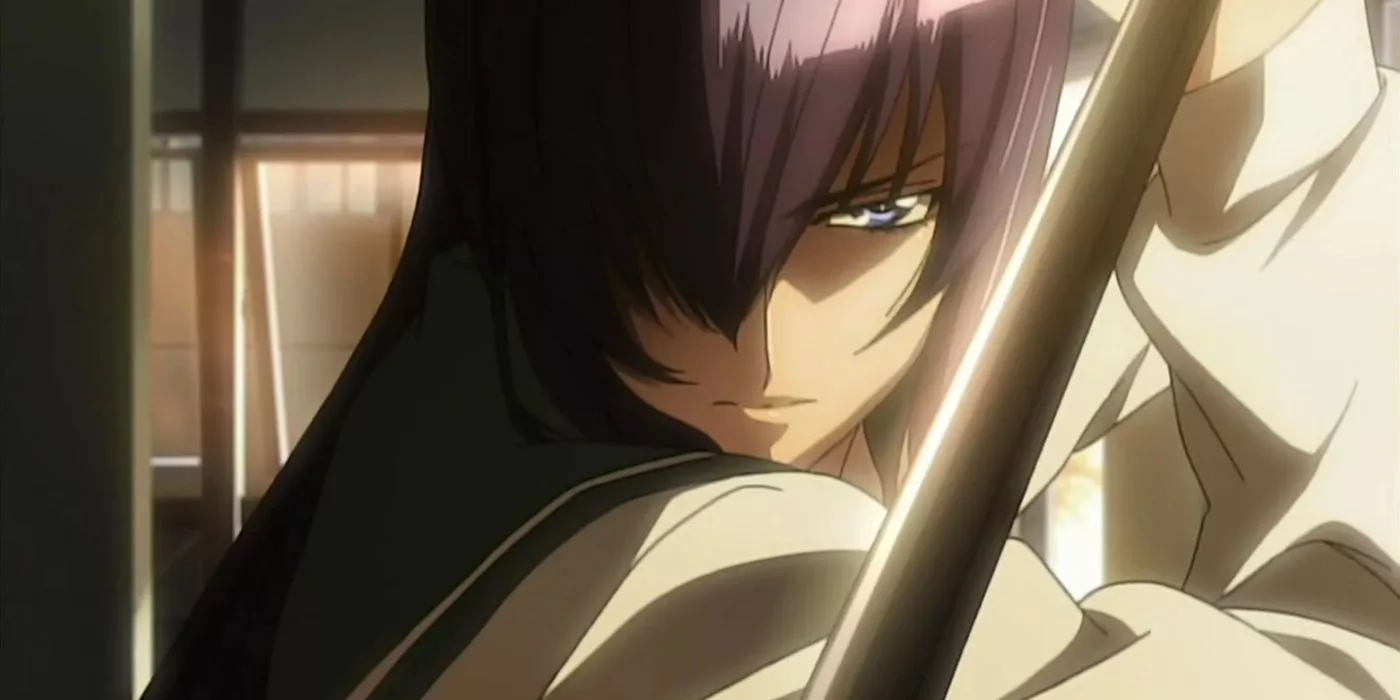 Saeko Busujima prepares to fight a horde of zombies with her wooden sword in Highschool of the Dead.