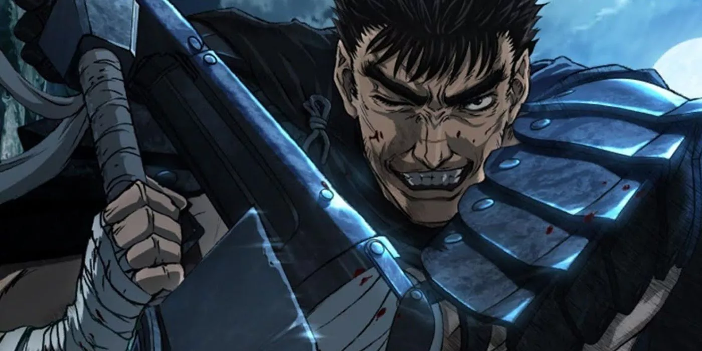 Guts flashes an evil smile while wielding the Dragon Slayer in the 2016 Berserk anime
