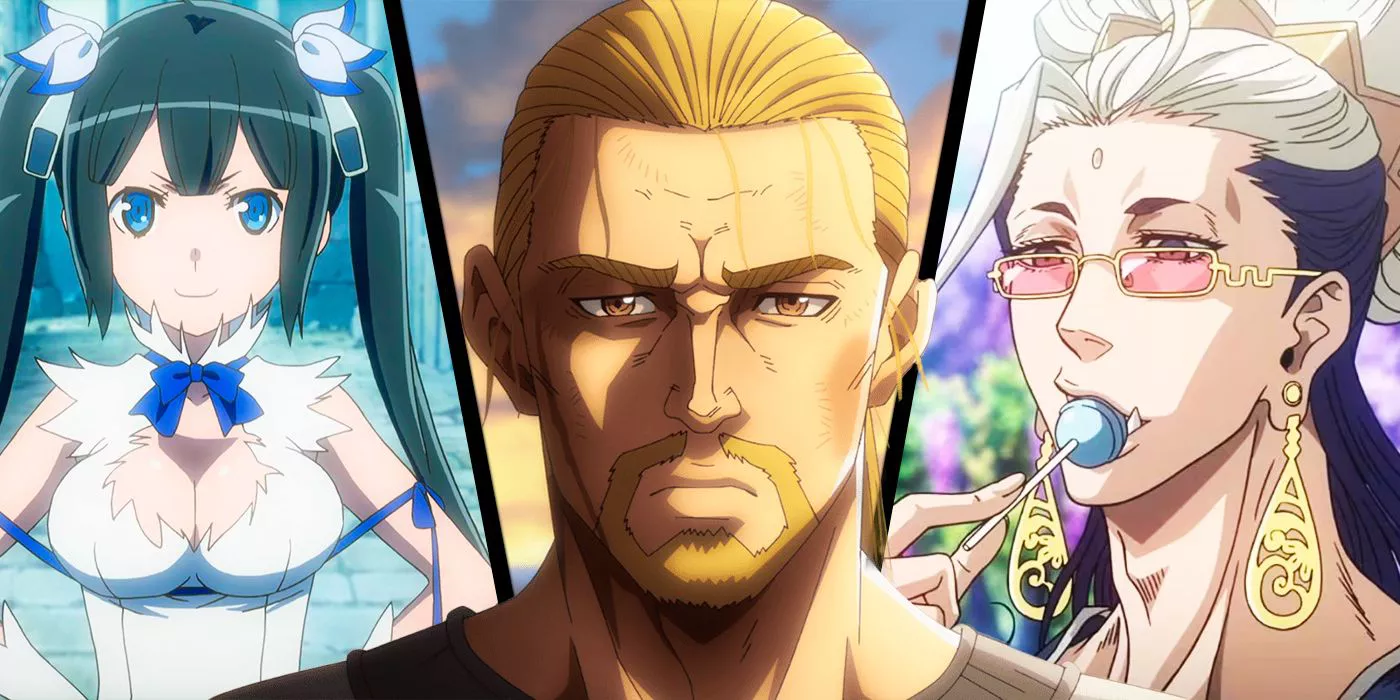 A split image shows Thornfinn from Vinland Saga, Hestia from DanMachi, and Record of Ragnarok