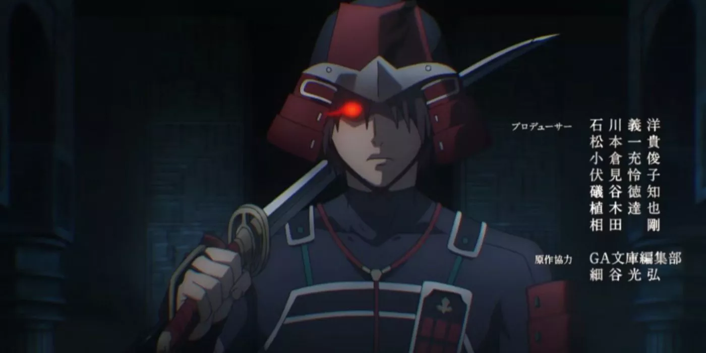 The Captain prepares to slay a demon with his katana while his eye glows red in Goblin Slayer Season 2.