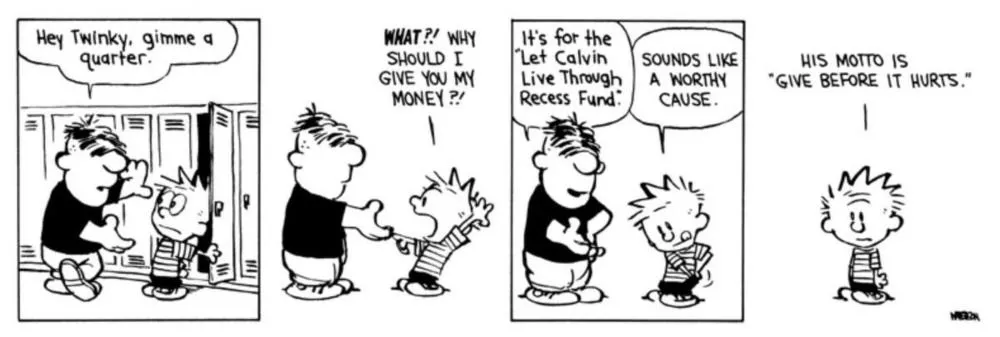 Moe toma dinero de Calvin junto a los lockers en el pasillo de la escuela.