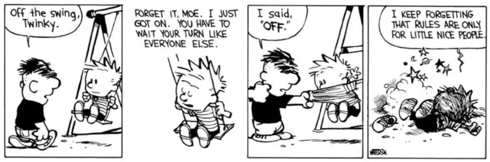 Moe golpea a Calvin de un columpio porque quiere su turno.