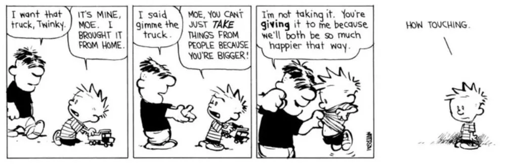 Moe roba un camión de juguete a Calvin.