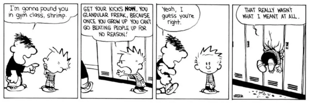 Calvin es golpeado contra un locker en la escuela por Moe.