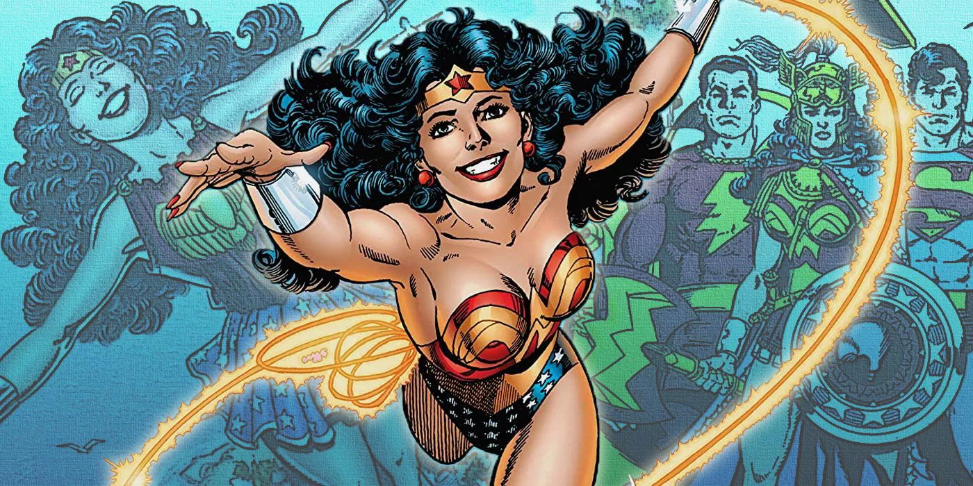 George Perez’s Wonder Woman flying with her younger self and DC allies from War of the Gods
