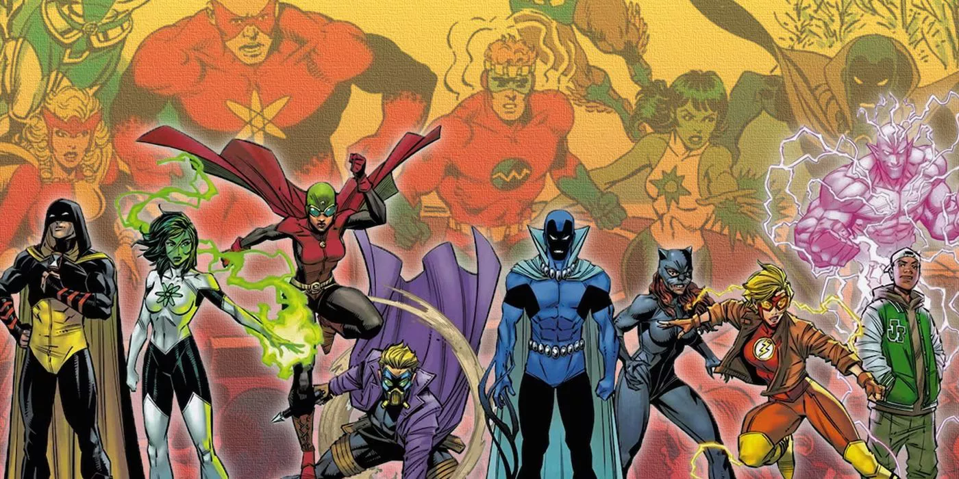 Justice Society's modern Infinity, Inc. with the original roster in the background