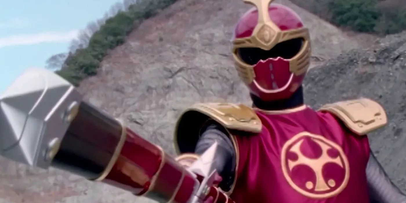 Crimson Thunder Ranger Hunter Bradley points his Thunder Staff - Power Rangers Ninja Storm