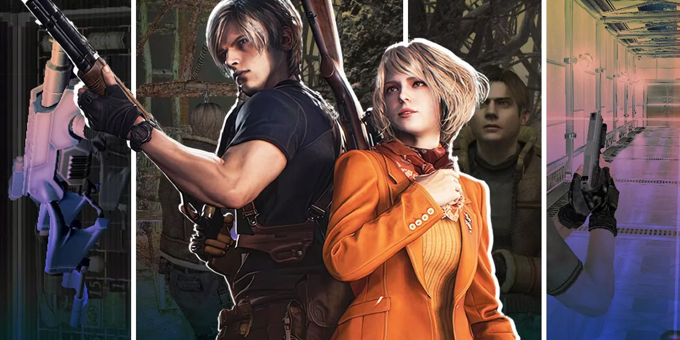A collage of Resident Evil 4 key art featuring Leon and Ashley.