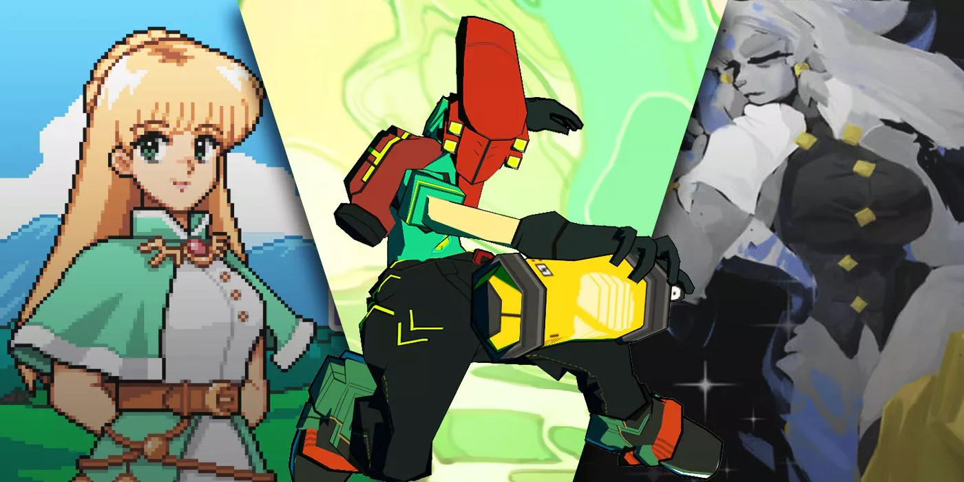 split image of omb Rush Cyberfunk, Fields of Mistria, and Pseudoregalia