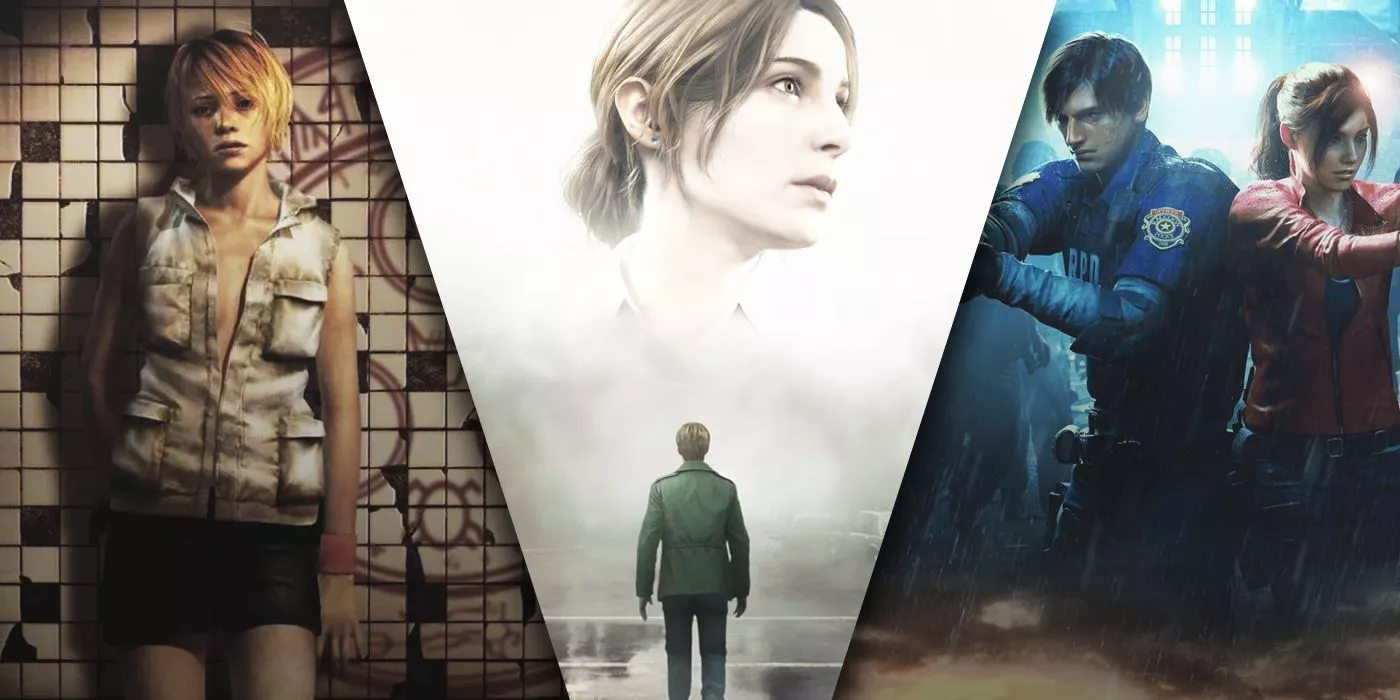 Split image of Silent Hill 2 Remake, Silent Hill 3, and Resident Evil 2 Remake