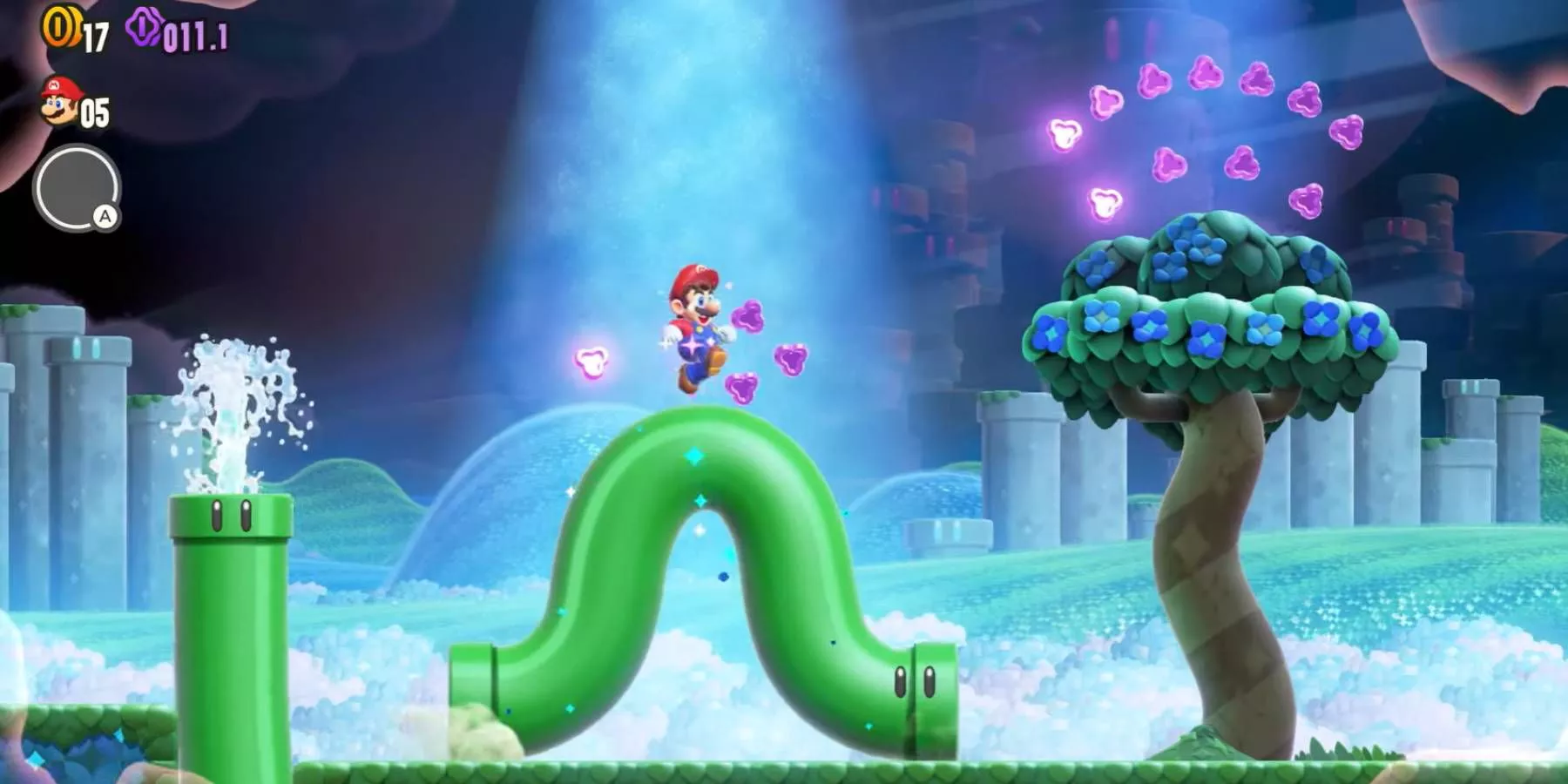 A Wonder Flower brings warp pipes to life in Super Mario Bros. Wonder.