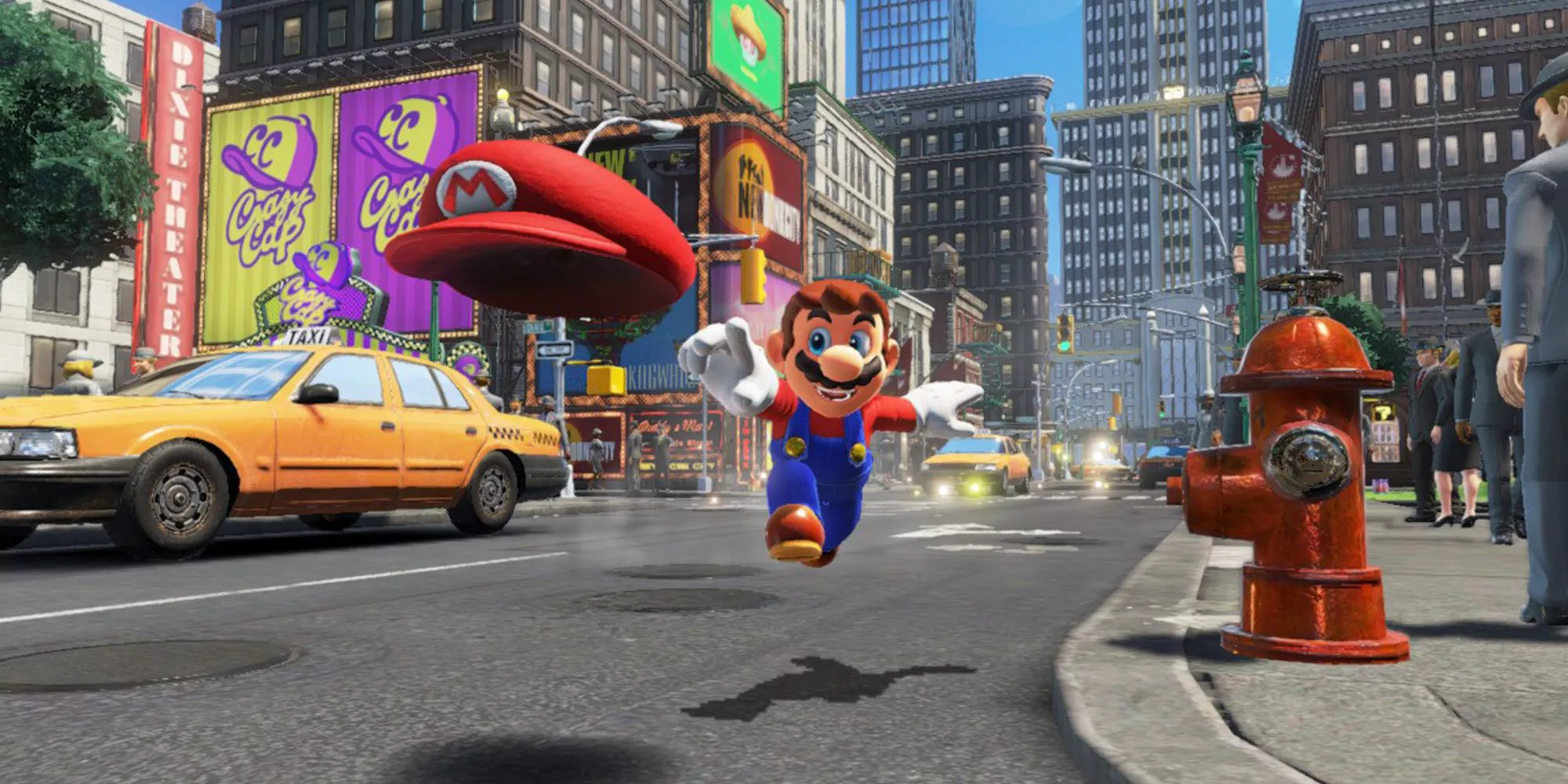 Mario explores New Donk City in Super Mario Odyssey.