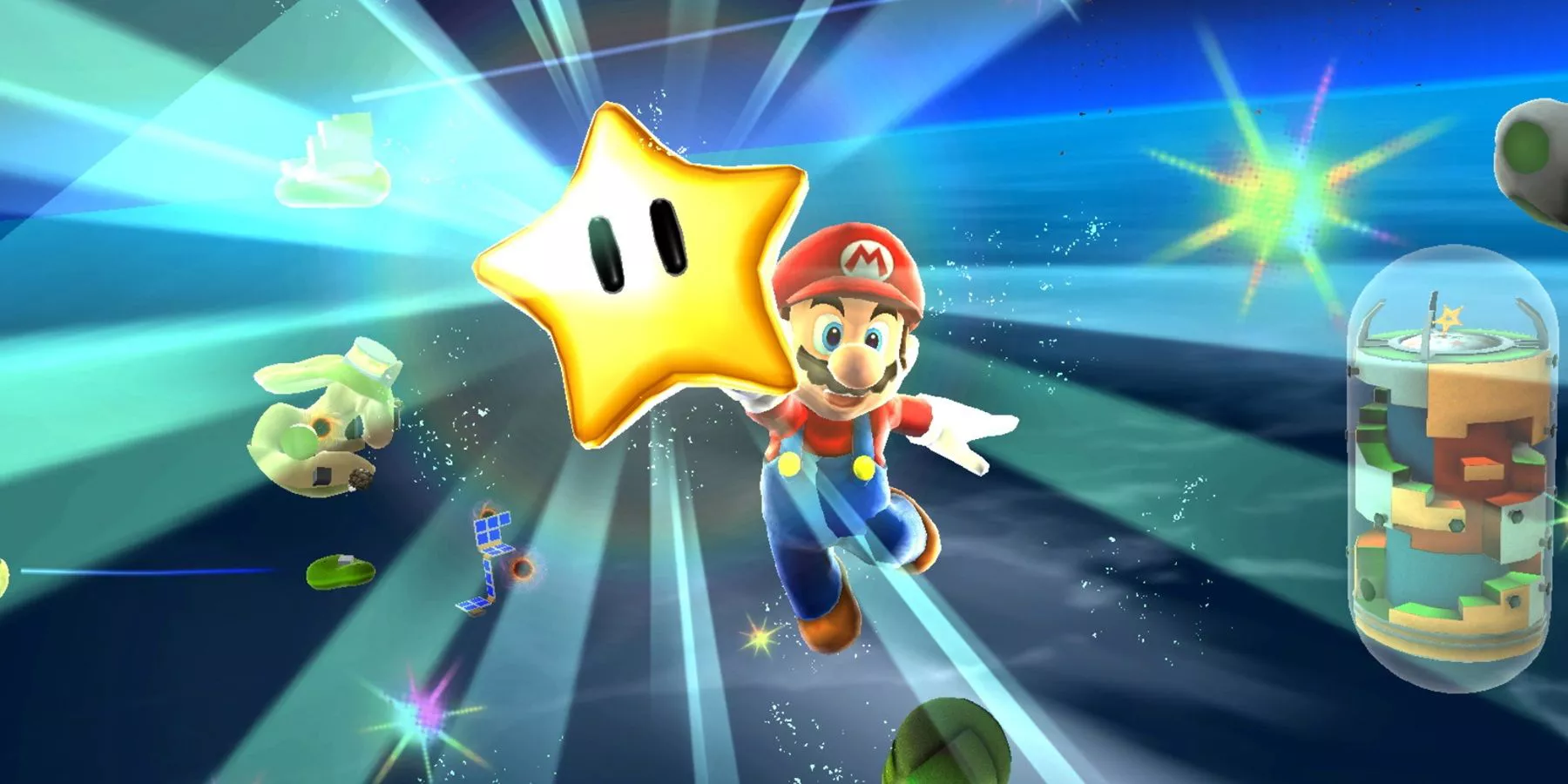 Mario triumphantly poses after collecting a Power Star in Super Mario Galaxy.