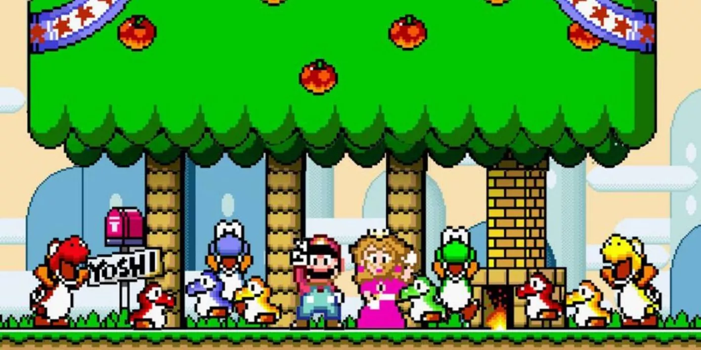 Mario and Princess Peach celebrate the hatching Yoshi babies alongside four Yoshis in Super Mario World.