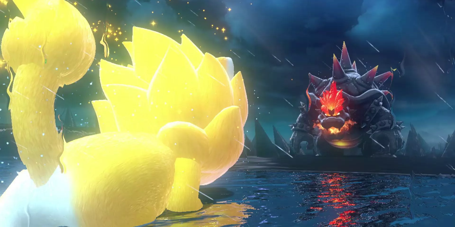 Giga Cat Mario battles Fury Bowser in Super Mario 3D World + Bowser's Fury.