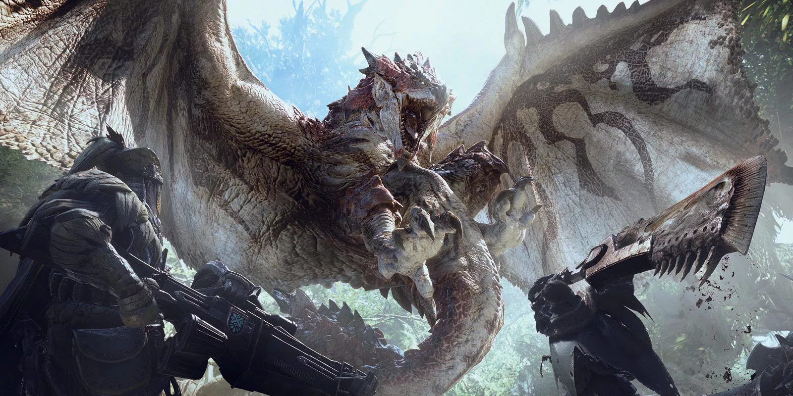 A group of hunters facing an attacking Rathalos in Monster Hunter: World.