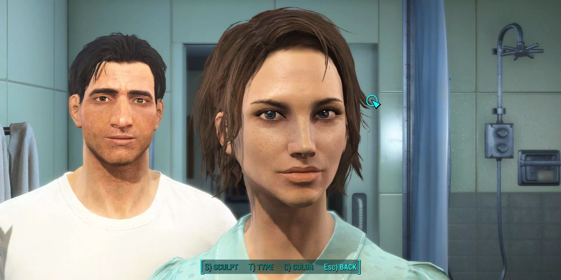 Fallout 4 character creator screen with the player currently selecting Nora over Nate
