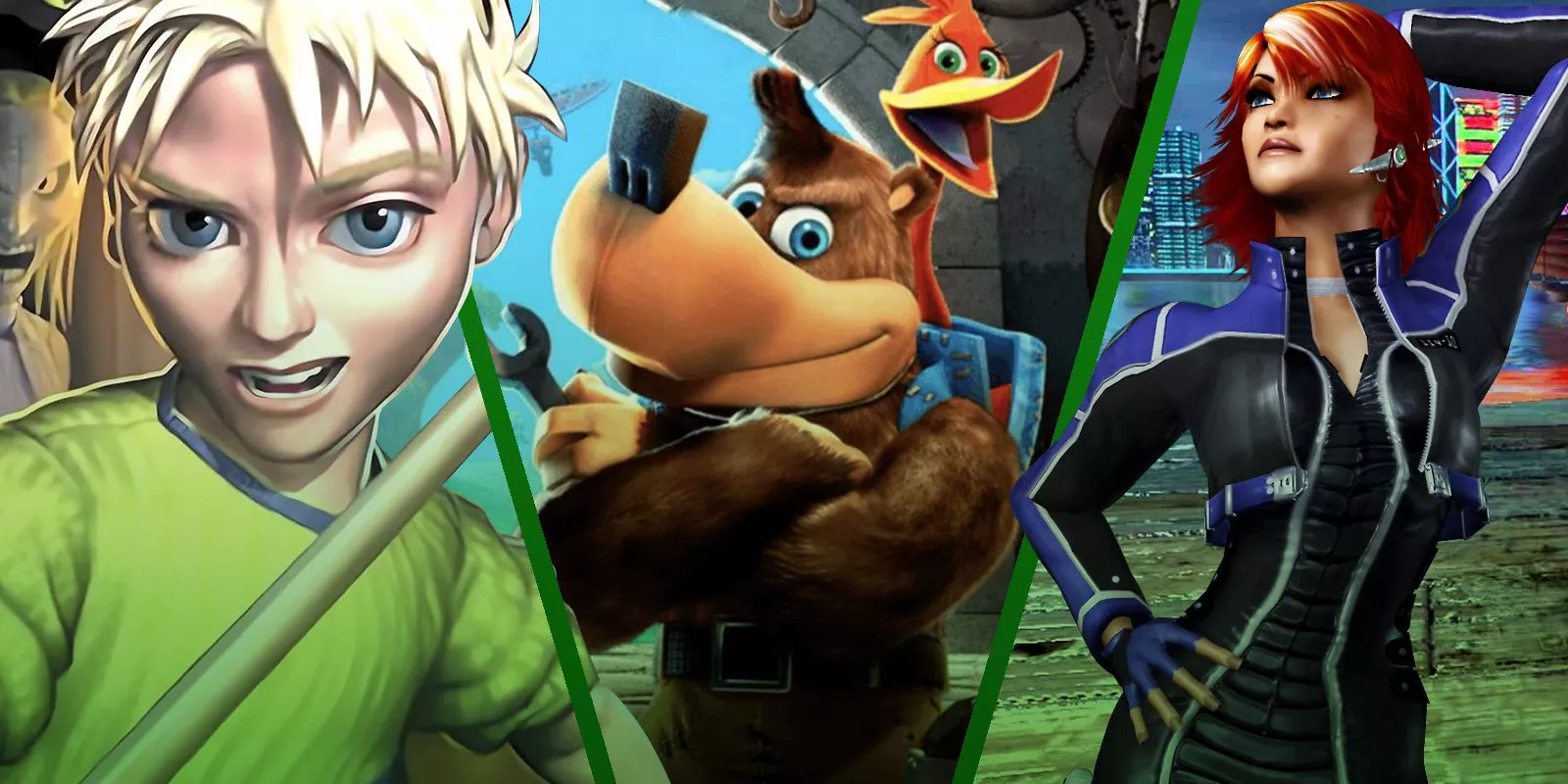 Best-Xbox-Games-by-Rare,-Ranked. Banjo and Kazooie, Joanna Dark and Cooper from Grabbed by the Ghoulies pictured