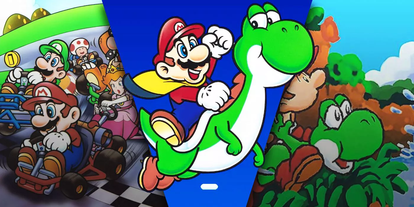 split image of Super Mario World, Super Mario kart and Yoshi's Island