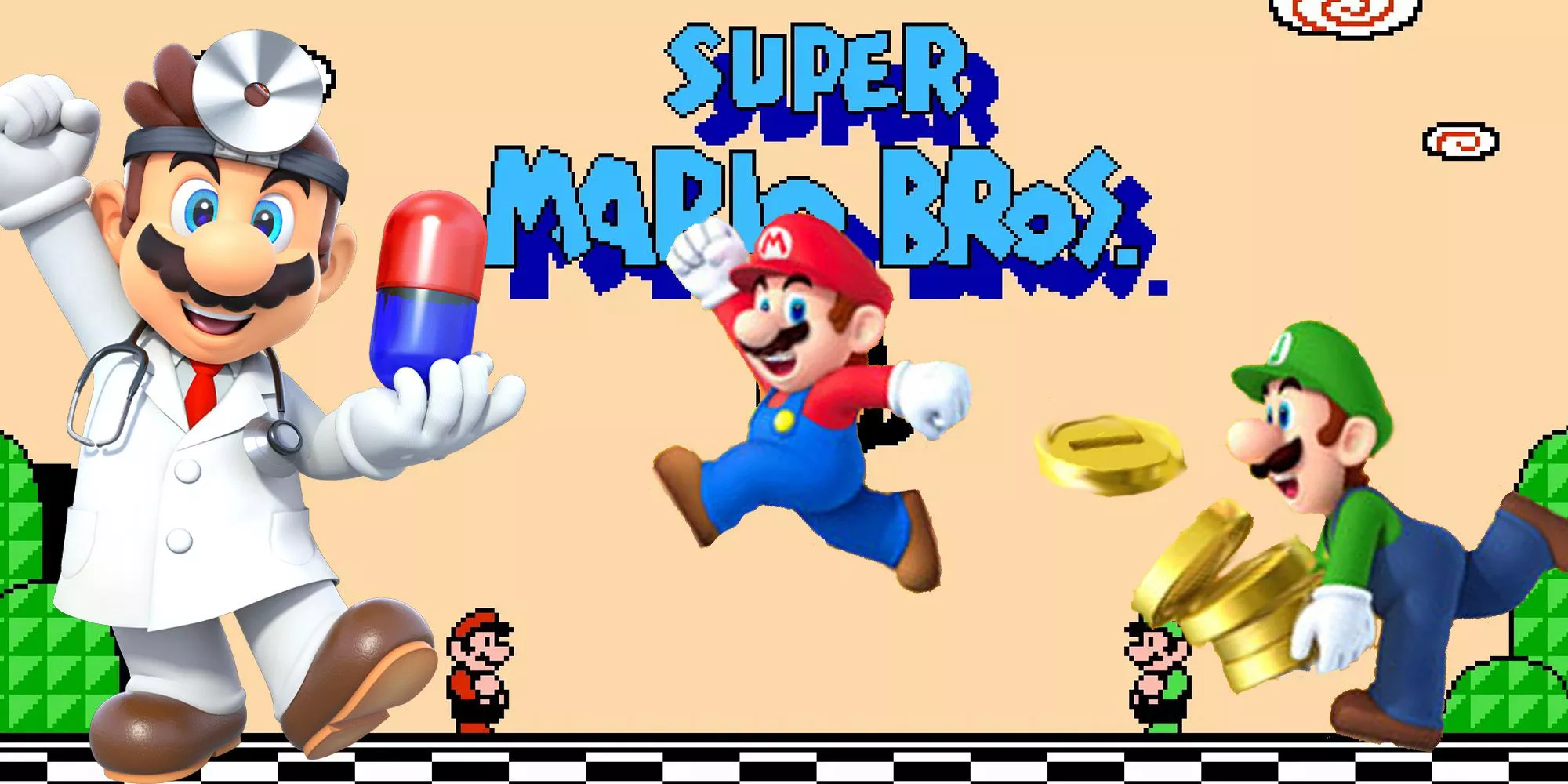 A Super Mario Bros 3, Super Mario Bros 2 and Dr. Mario collage.