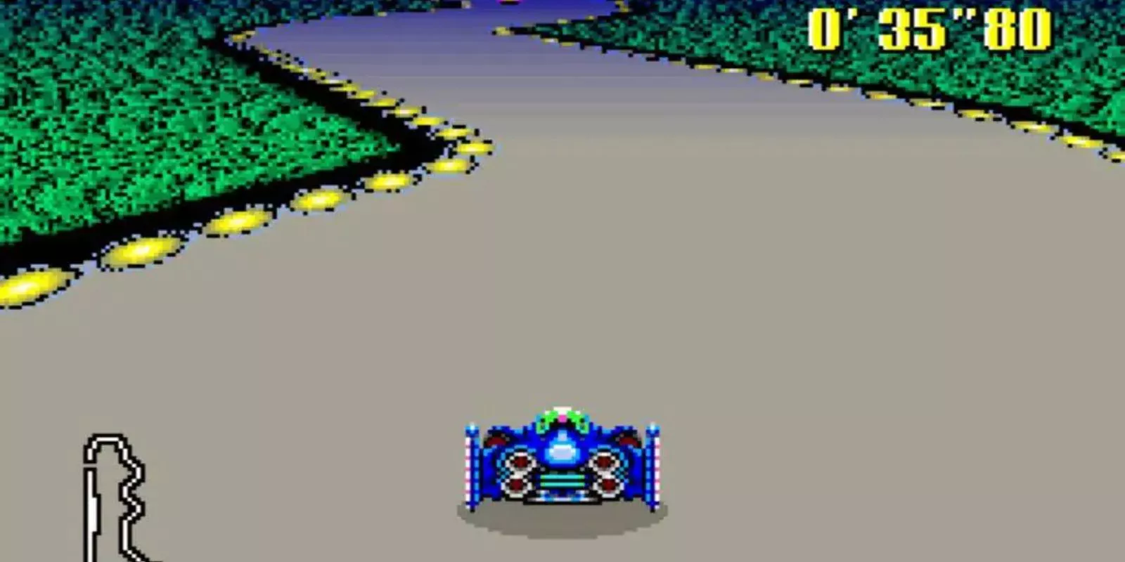 F-Zero SNES gameplay featuring the player-controlled vehicle on a course.