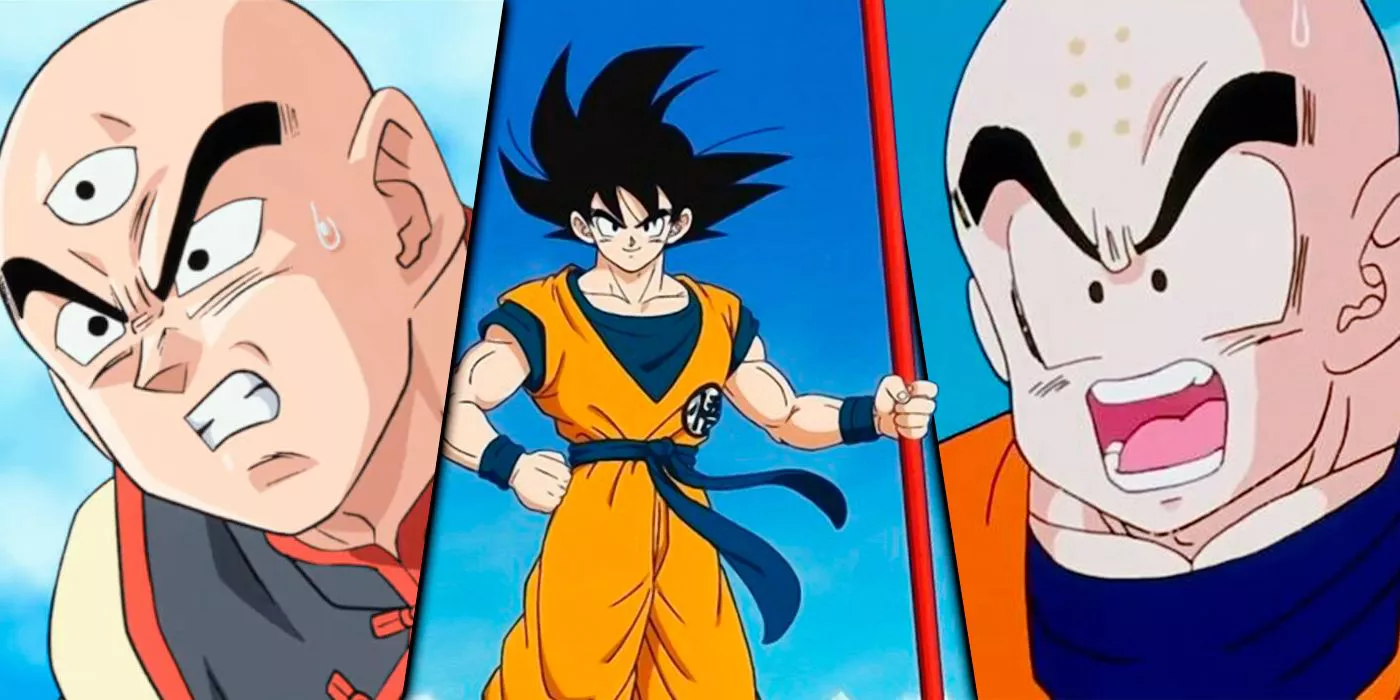 Goku holding the power pole, next to Krillin and Tien
