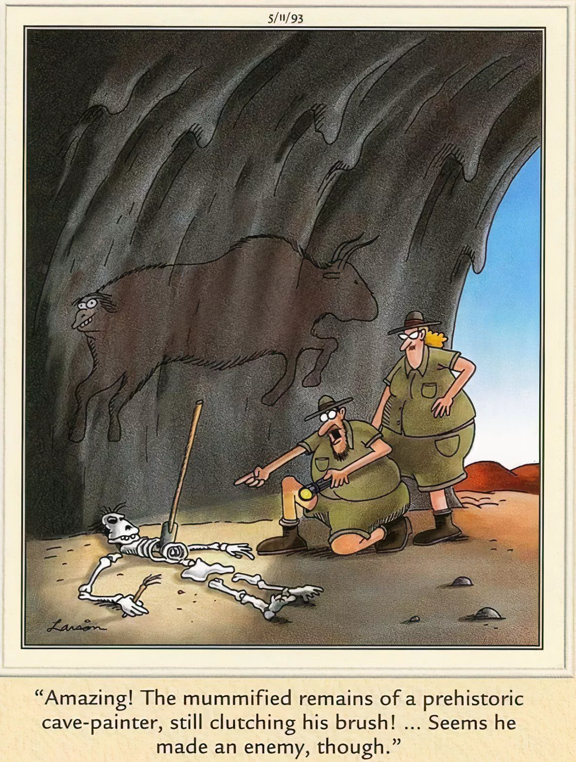 Two archeologists find a human skeleton of a painter who died after drawing a man on a bison's rear.