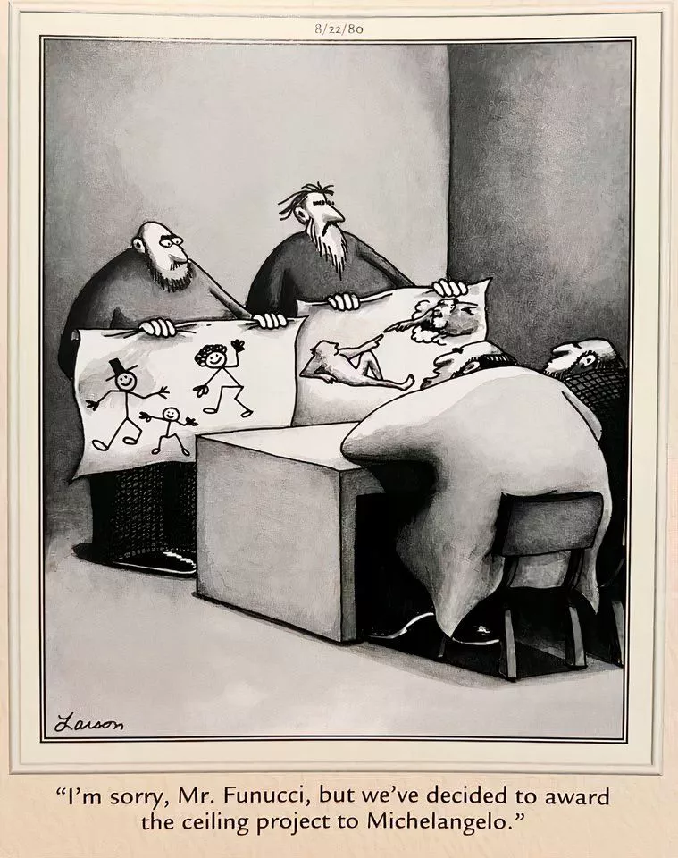 Michelangelo and a Mr. Funucci present their drawings to paint the ceiling of the Sistine Chapel.