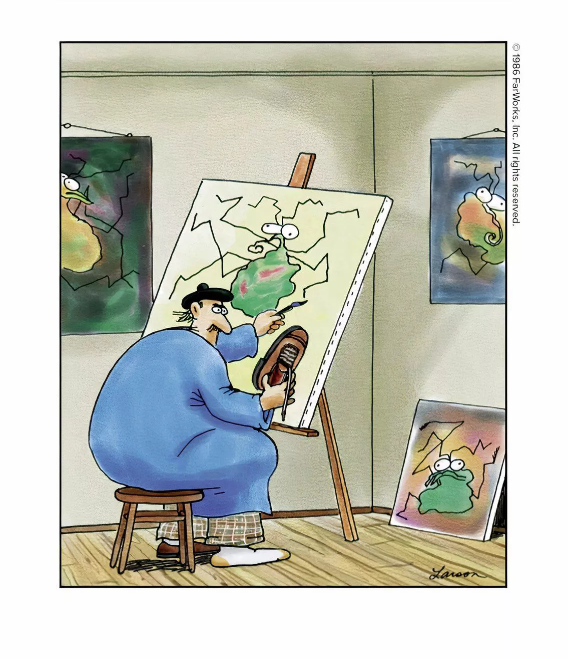 A painter looks at the bottom of his shoe and recreates a squashed bug onto a blank canvas.